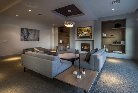 a living room with couches and a table and a fireplace