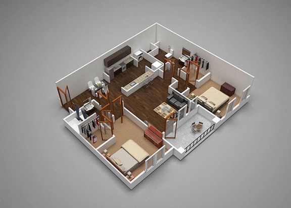 a 3d floor plan of a small apartment
