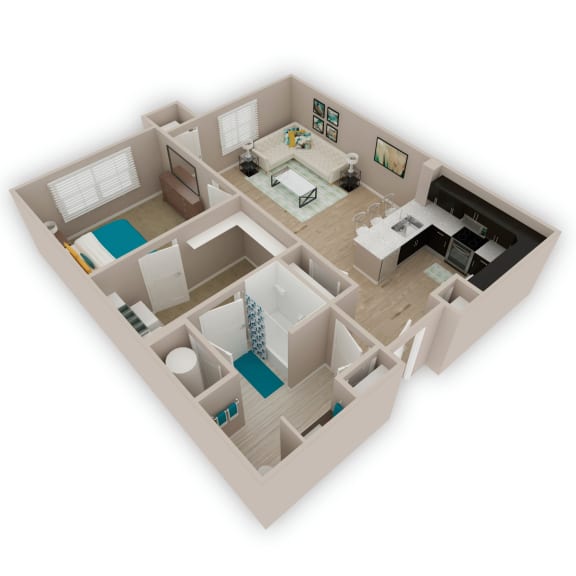 a 3d floor plan of a house with a bedroom and a living room