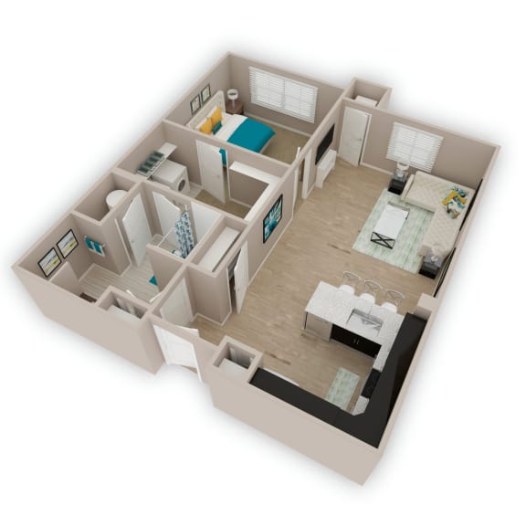 a 3d floor plan of a house with a bedroom and a living room