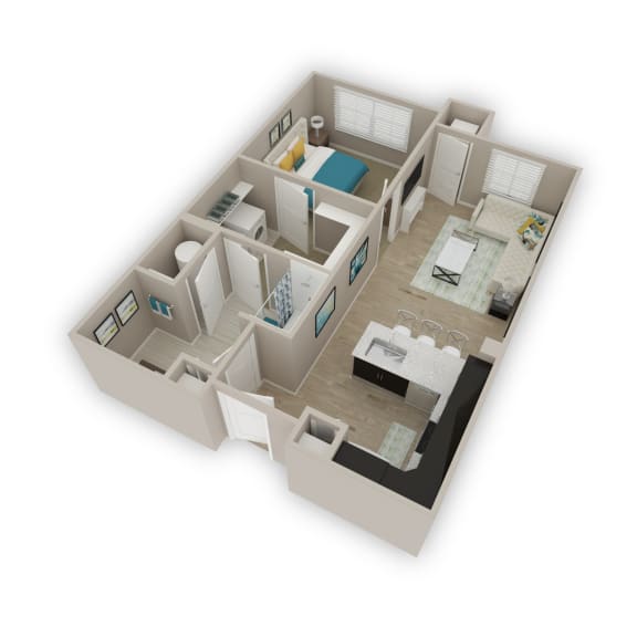 a 3d floor plan of a house with a bedroom and a living room