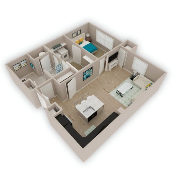 a 3d floor plan of a house with a bedroom and a living room