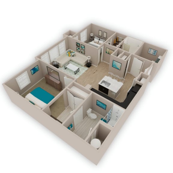 a 3d floor plan of a house with a bedroom and a living room