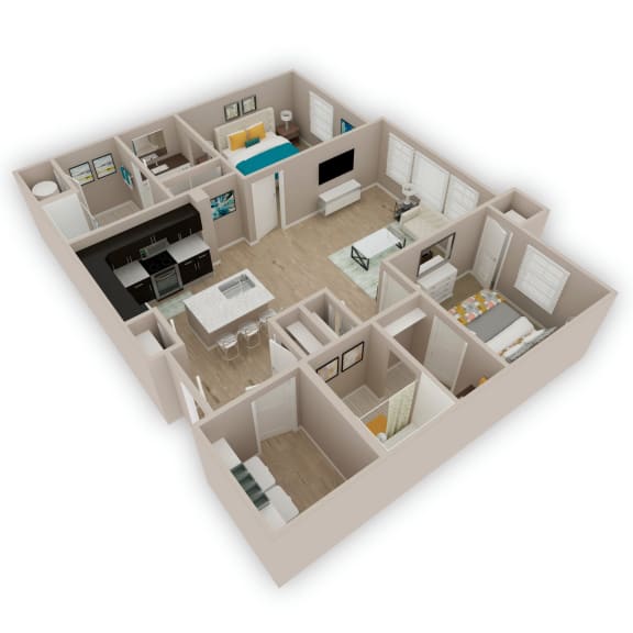 a 3d floor plan of a house with a kitchen and living room