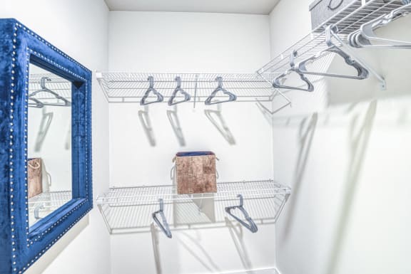 a closet with hooks and a mirror on the wall