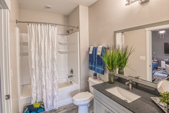 a bathroom with a shower and a sink and a toilet