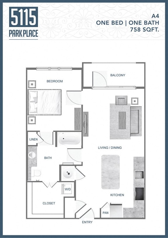 floor plan of a one bed one bath apartment