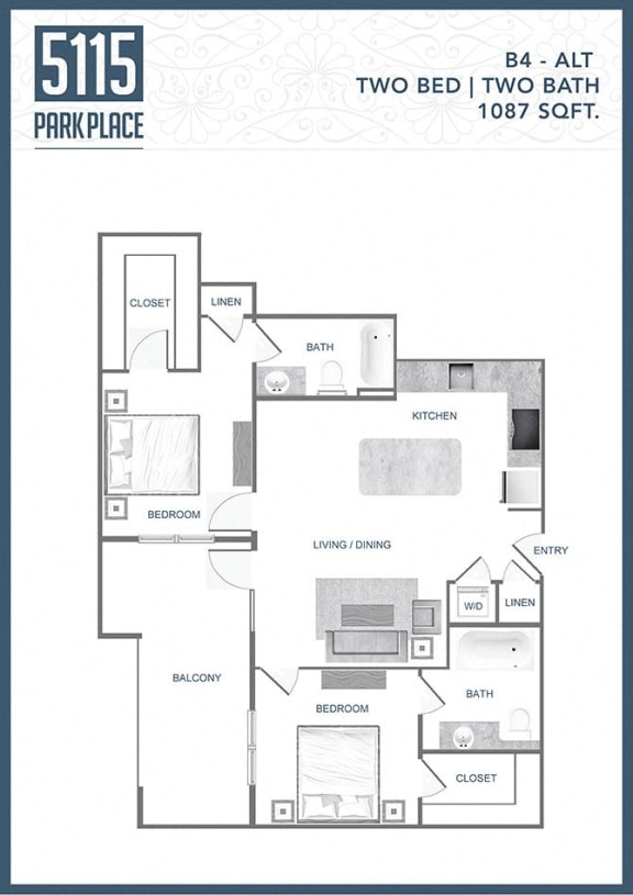 the floor plan of two bed two bath