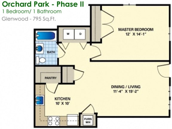 floor plan of a 1 bedroom unit with a bathroom and a closet