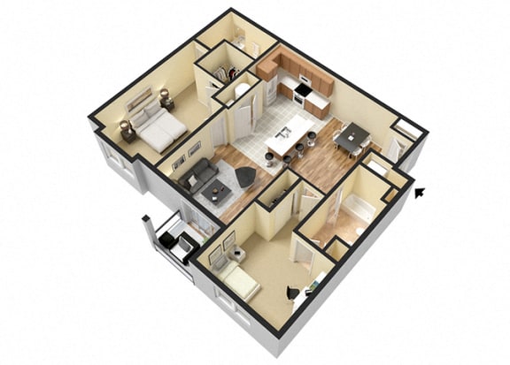 3d floor plan of a home with a bedroom and living room