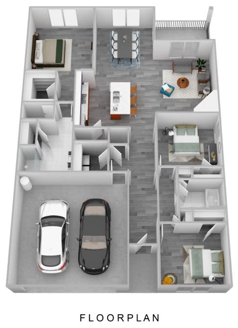 a 3d floor plan with a car in the center of it