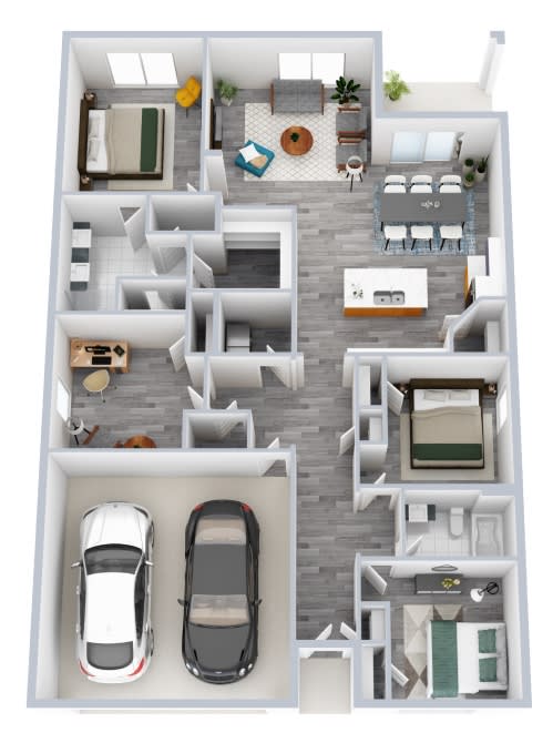a 3d rendering of a floor plan with a car and a balcony