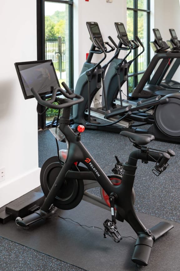 a group of exercise bikes in a gym