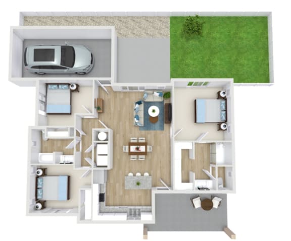 a floor plan of a house with a car and a yard