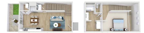 two layouts of a bedroom with a bathroom and a living room