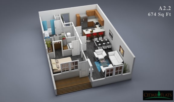 a 3d rendering of a bedroom and living room