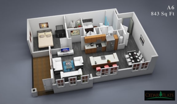 a 3d floor plan of a house with a bedroom and a living room