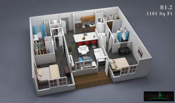 a 3d rendering of a 3 bedroom house with an open floor plan