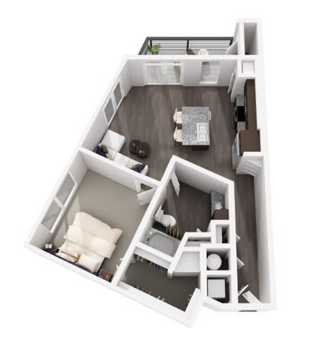 a stylized floor plan with a bedroom and a living room