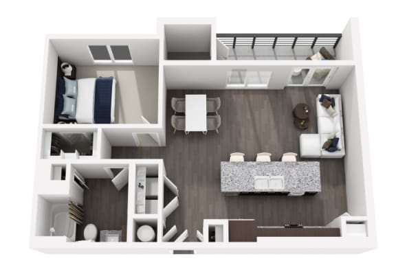a 3d floor plan of a bedroom with a living room