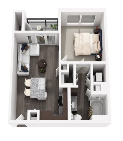a 3d rendering of the 1 bedroom floor plan with an open