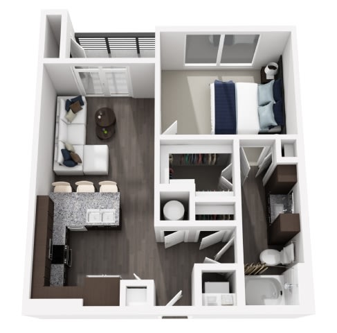 a 3d drawing of the 1 bedroom floor plan with the bathroom and living room