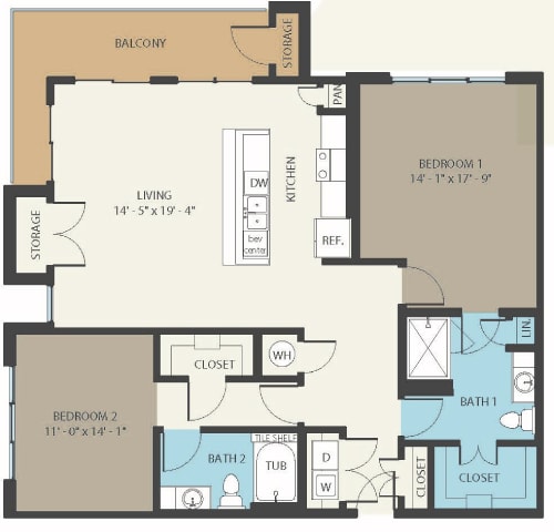 a floor plan of a residence with a bedroom and a living room