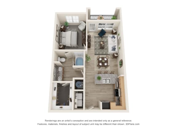 a stylized floor plan with a bedroom and a living room