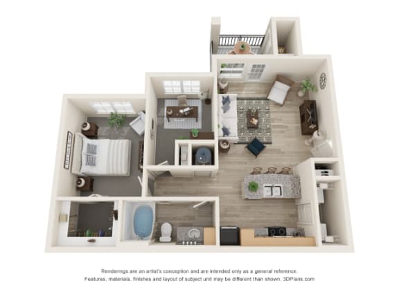a stylized floor plan with a bedroom and a living room