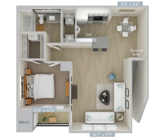 a 1 bedroom floor plan with a bathroom and a living room