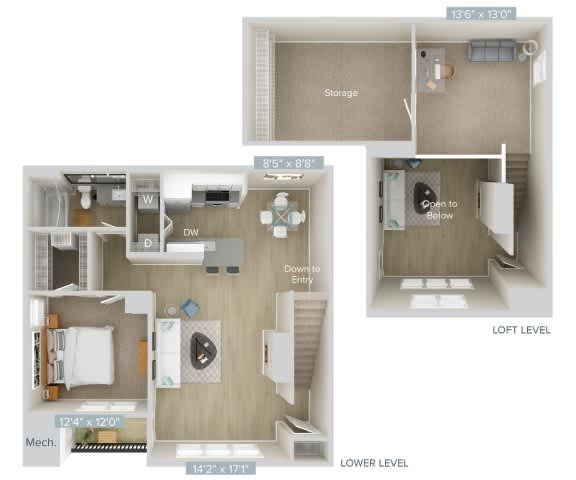 a stylized floor plan with a bedroom and a living room