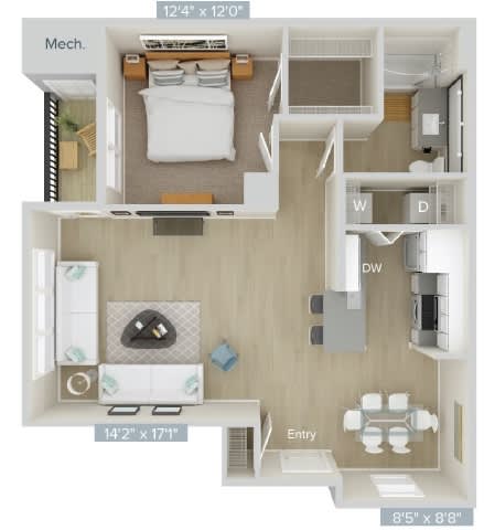 a 1 bedroom floor plan with a bathroom and a living room