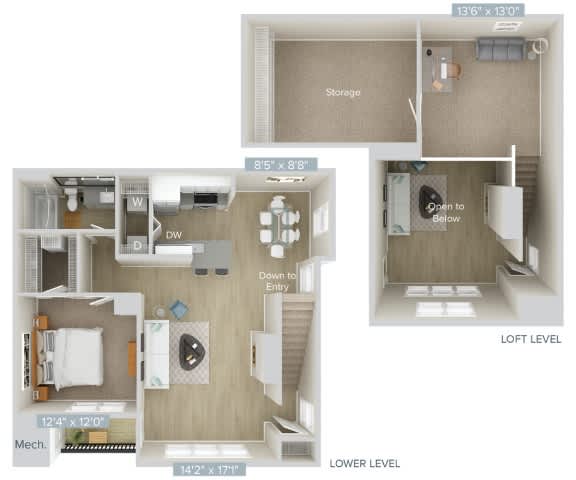 a stylized floor plan with a bedroom and a living room