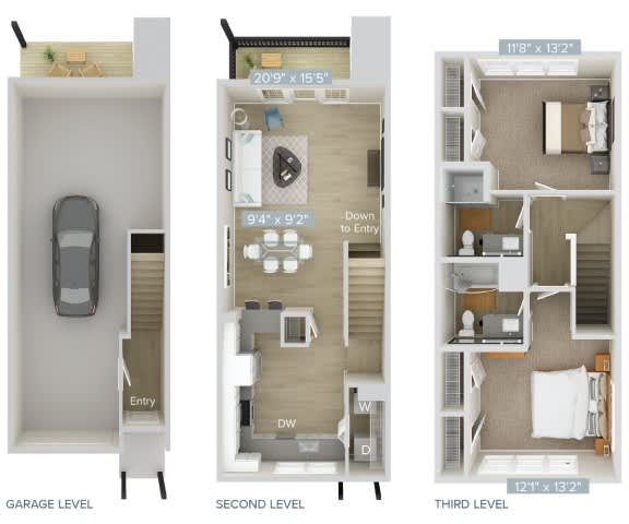 three views of a floor plan with a bedroom and a living room