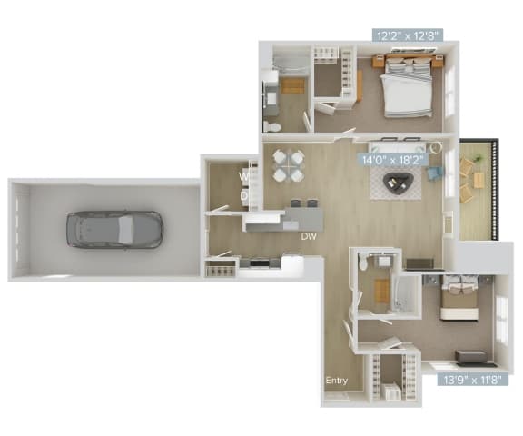 a stylized floor plan with a bedroom and a living room