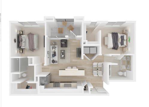 a bedroom floor plan with a bathroom and a living room