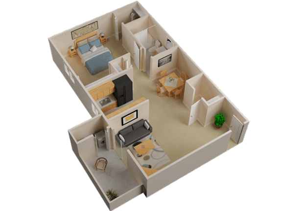 Floor Plan  A 3D model of a small apartment with two bedrooms and a living area.