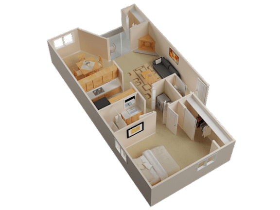 A 3D rendered image of a house layout.