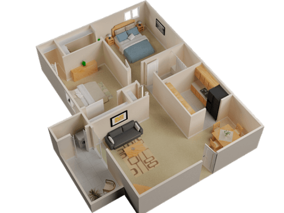 Floor Plan  A 3D rendered image of a small apartment layout.