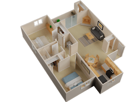 A 3D model of a house with a kitchen, living room, and two bedrooms.