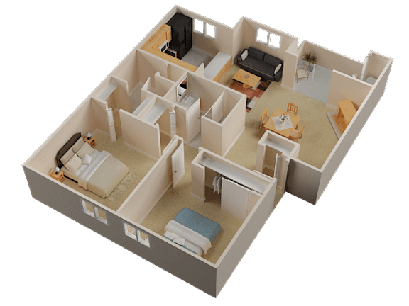 A 3D rendered image of a house layout.