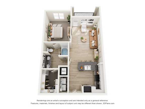 A 3D floor plan of a small apartment with a kitchen, living room, and bathroom.
