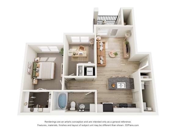 A 3D floor plan of a house with a kitchen, living room, and bathroom.