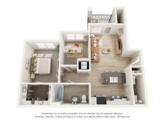 A 3D floor plan of a house with a kitchen, living room, and two bedrooms.