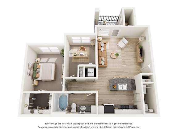 A 3D floor plan of a house with a living room, kitchen, and two bedrooms.