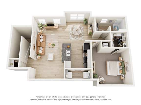 A 3D floor plan of a house with a kitchen, living room, and dining area.