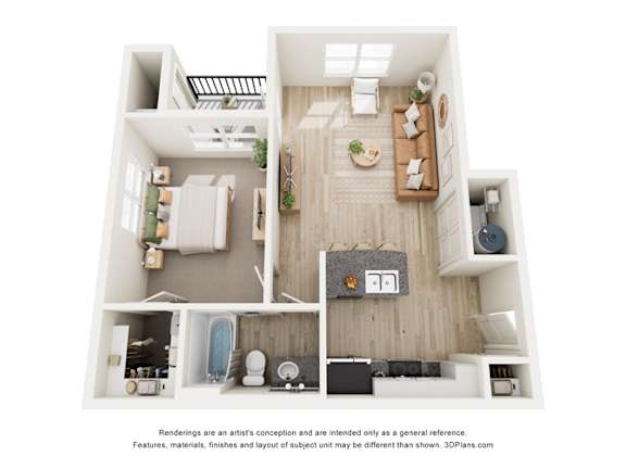 A 3D rendering of a modern apartment layout with a kitchen, living room, and bathroom.