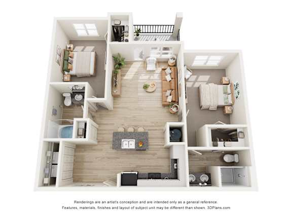 A 3D floor plan of a house with a living room, kitchen, and two bedrooms.