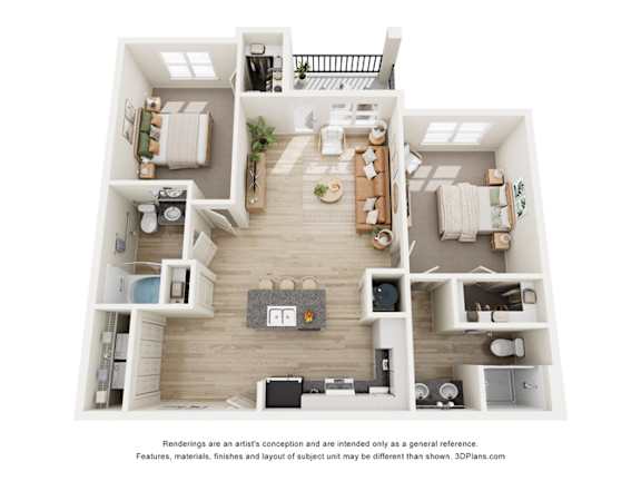 A 3D floor plan of a house with a kitchen, living room, dining room, and two bedrooms.