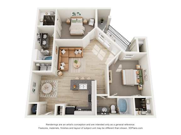 A 3D floor plan of a house with a living room, kitchen, and two bedrooms.